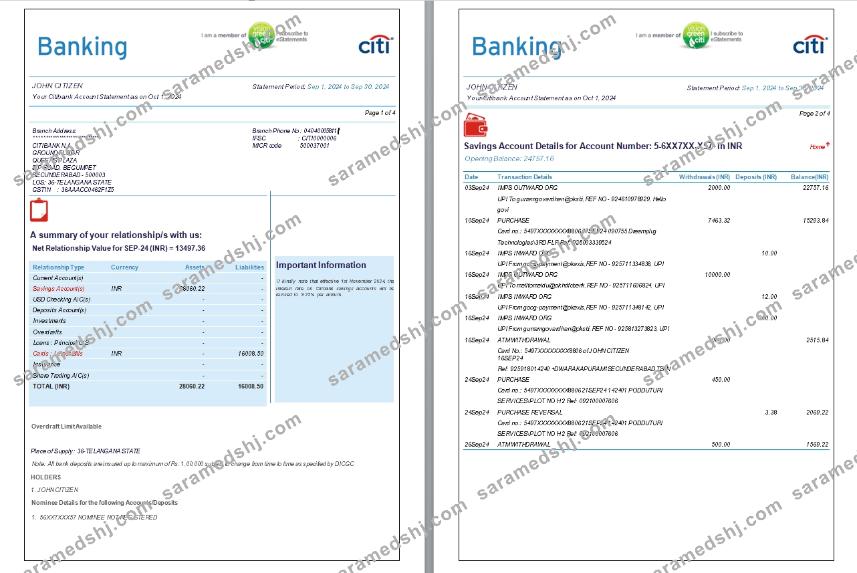 India Citibank bank statement, 6 pages, 1-2 scr